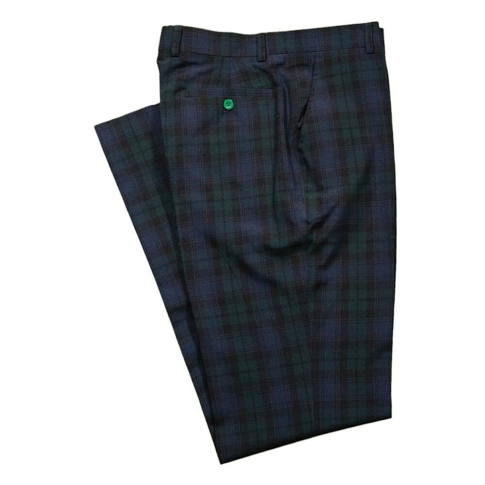 Mens 32 Blue Green Tartan Plaid Pants Cotton Dress Trousers Straight Fit NWT